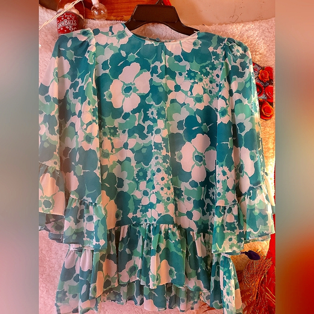 Michael Kors Floral Blouse - Teal and White